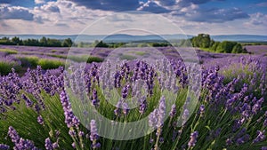 lavender field region a panoramic banner with purple lavender flowers and green grass on a blurred blue sky background