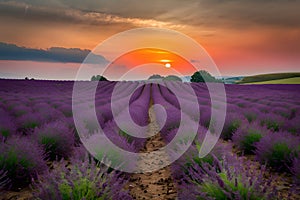 Lavender field sunset landscape near Valensole, Provence, France