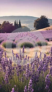 lavender field at sunset with lavender flowers in bloom, as the sun shines over