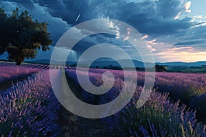 Lavender field sunset and lines