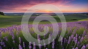 lavender field at sunset a panoramic banner with purple lavender flowers and green grass on a blurred blue sky background