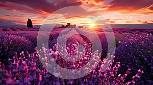 Lavender field with sunset in Provence, France