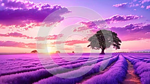 Lavender field at sunset in Provence, France, Stunning lavender field landscape Summer sunset with single tree, AI Generated