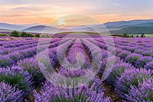 Lavender Field at Sunset, Purple Flowers Landscape, Morning Lavender Fields, Copy Space