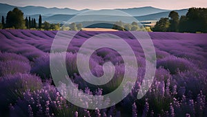 lavender field at sunset A vast field of purple lavender flowers under a clear blue sky, with a few trees and hills