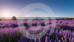 lavender field at sunset A vast field of purple lavender flowers under a clear blue sky, with a few trees and hills