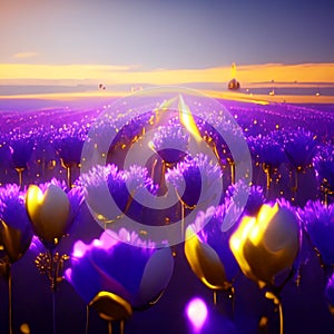 Lavender field with tulips at sunset. 3d rendering Generative AI