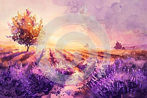 Lavender field watercolor painting. Flower farm at sunset time. Generative AI.