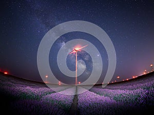 Lavender Field, windmill and the Milky Way during the night