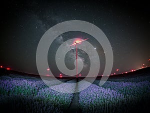 Lavender Field, windmill and the Milky Way during the night