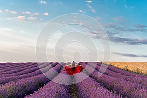 Among the lavender fields. A beautiful girl in a red dress runs against the background of a large lavender field