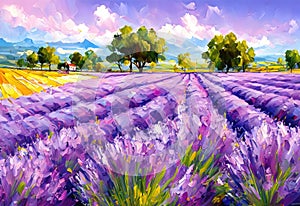 Lavender fields summer landscape in Provence oil painting on canvas