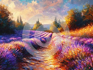 Lavender fields summer landscape in Provence at sunset, oil painting on canvas