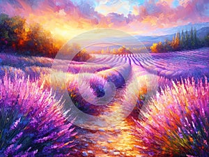 Lavender fields summer landscape in Provence at sunset, oil painting on canvas