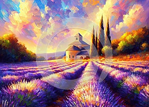 Lavender fields summer landscape in Provence at sunset, oil painting on canvas