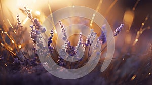 Lavender flower field background. Glade with purple flowers and green grass. Generative AI. Illustration for banner, poster, cover