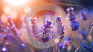 Lavender flower field background. Glade with purple flowers and green grass. Generative AI. Illustration for banner, poster, cover