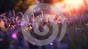 Lavender flower field background. Glade with purple flowers and green grass. Generative AI. Illustration for banner, poster, cover