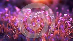 Lavender flower field background. Glade with purple flowers and green grass. Generative AI. Illustration for banner, poster, cover