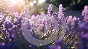 Lavender flower field background. Glade with purple flowers and green grass. Generative AI. Illustration for banner, poster, cover