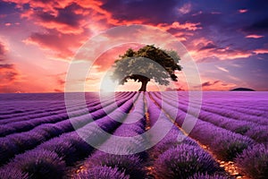 Lavender flower field with lonely tree at sunset, Provence, France, Stunning lavender field landscape at summer sunset with a