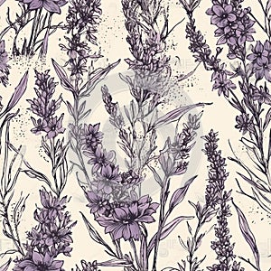 lavender flower rough hand drawn using violet ink seamless pattern