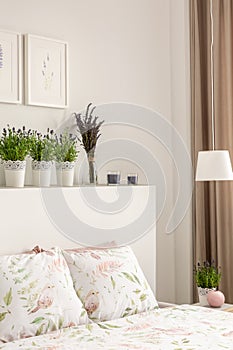 Lavender flowers on bedhead above bed with pillows in bright bedroom interior with posters and lamp. Real photo