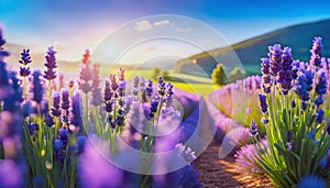 Lavender flowers blooming in the lavender field at sunset