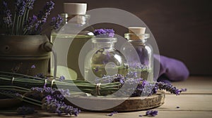 lavender flowers and bottles of lavender oil on a table with lavenders