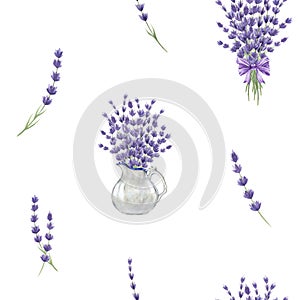 Lavender flowers bouquet seamless pattern. Watercolor illustration. Hand drawn organic lavandula herb rustic style decor