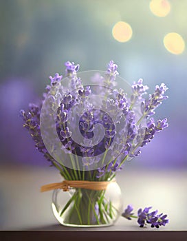 Lavender flowers bouquet in vase with blurred background