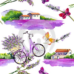 Lavender flowers, butterflies, bicycle, lavender fields, rural provencal farm houses in Provence, France. Watercolor