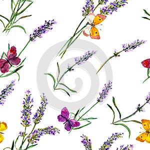 Lavender flowers and butterflies. Seamless wallpaper. Watercolor