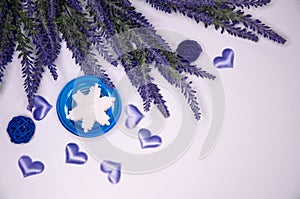 Lavender Flowers Candle Purple Hearts.  Ð¡ard with copy space 