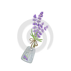 Lavender flowers composition with a tabel tag and ribbon romantic watercolor illustration