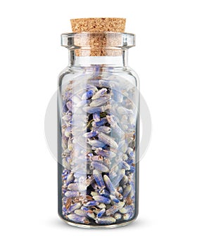 Lavender flowers. Dried lavender in the bottle. Plant good for aromatherapy, spa, essential oil, cosmetics, perfume