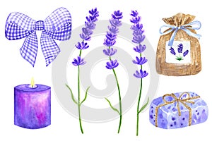 Lavender flowers. Elements for provence design. Violet bow, sachet, wrapped soap, burning candle. Hand drawn watercolor