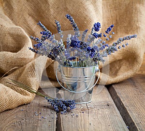 Lavender flowers in an iron bucket