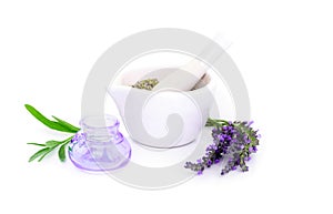 Lavender flowers, lavander extract and montar with dry flowers isolated on white