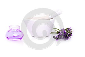 Lavender flowers, lavander extract and montar with dry flowers isolated on white photo