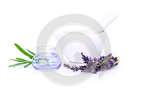 Lavender flowers, lavander extract and montar with dry flowers isolated on white photo