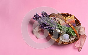 Lavender flowers and lavender products. Natural cosmetic