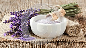 Lavender flowers in mortar on table ingredient for organic beauty product formulation