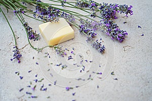 Lavender flowers and natural soap for bodycare on concrete background.