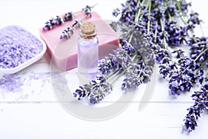 Lavender flowers with oil in bottle