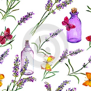 Lavender flowers, oil perfume bottles, butterflies. Repeating pattern for cosmetic, perfume, beauty design. Vintage