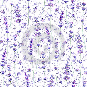 Lavender flowers and purple splashes watercolor seamless pattern on white background