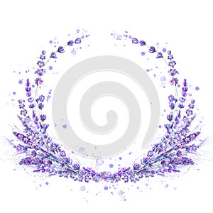 Lavender flowers purple watercolor round frame isolated on white background