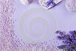 Lavender flowers, soap, aromatic sea salt and towels. Concept for spa, beauty and health salon, cosmetics store. Natural cosmetics