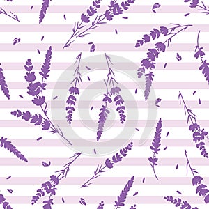 Lavender flowers and stripes vector repeat pattern.